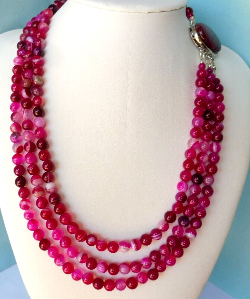 Collier en Agate naturelle 3 rangs perles 6mm et fermoir en agate pour femme