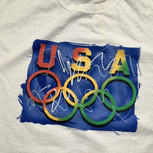 Vintage USA Olympics Graphic Print T Shirt Sz XL White Colorful Color Block - Picture 2 of 11