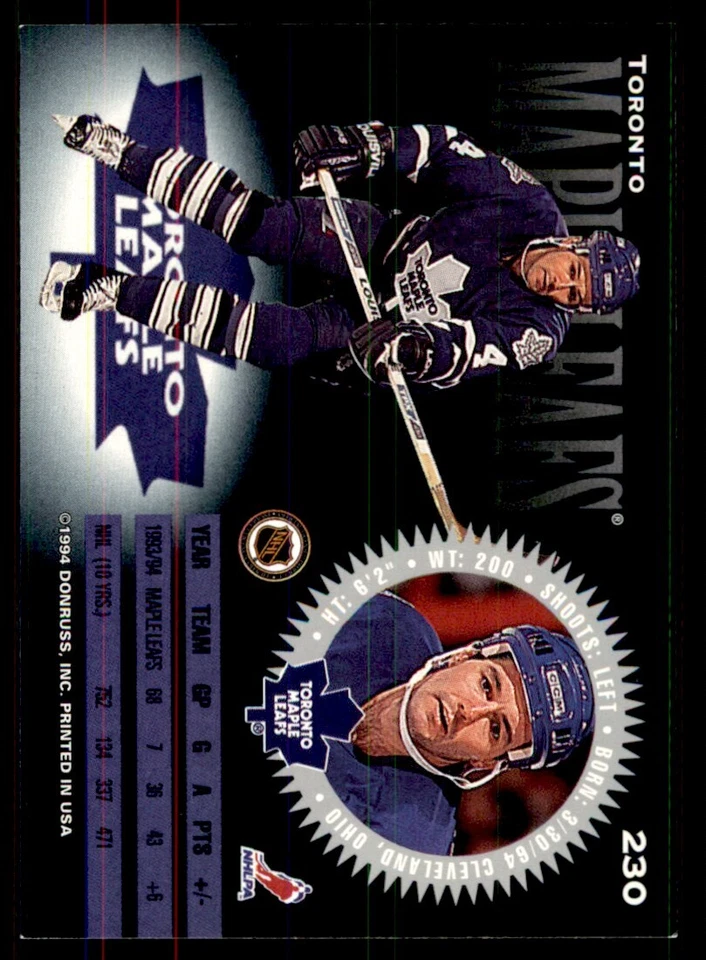 1994-95 Donruss Dave Ellett Toronto Maple Leafs #230 - Image 2 of 2