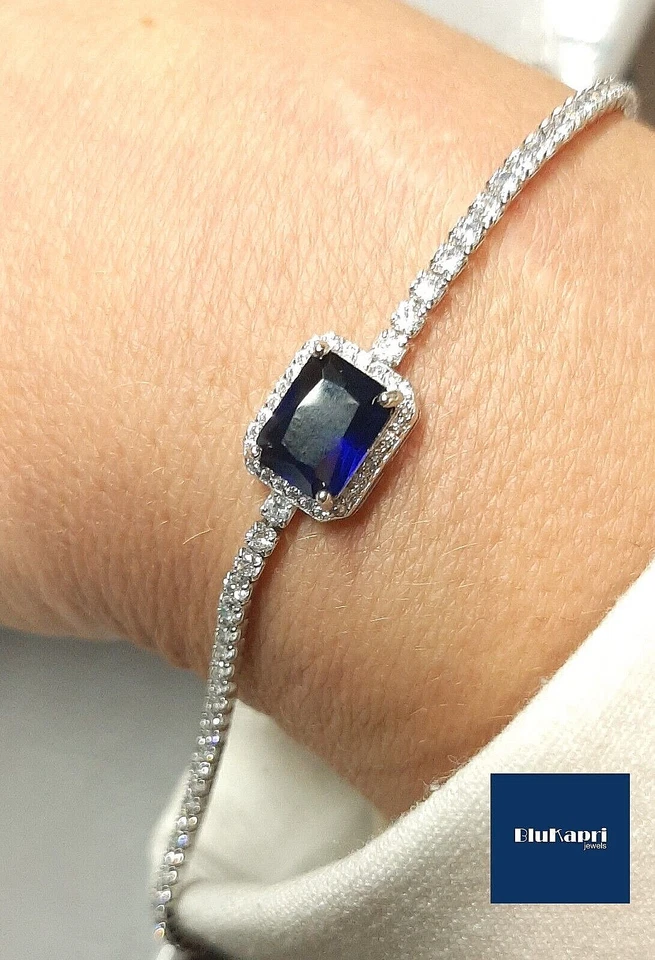 Bracciale donna tennis in argento 925 con zircone blu rettangolo kate - Immagine 4 di 4