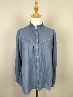 La Petite Etoile Paris Blue Ruffle Long Sleeve Buttons Cotton Blouse Sz 1