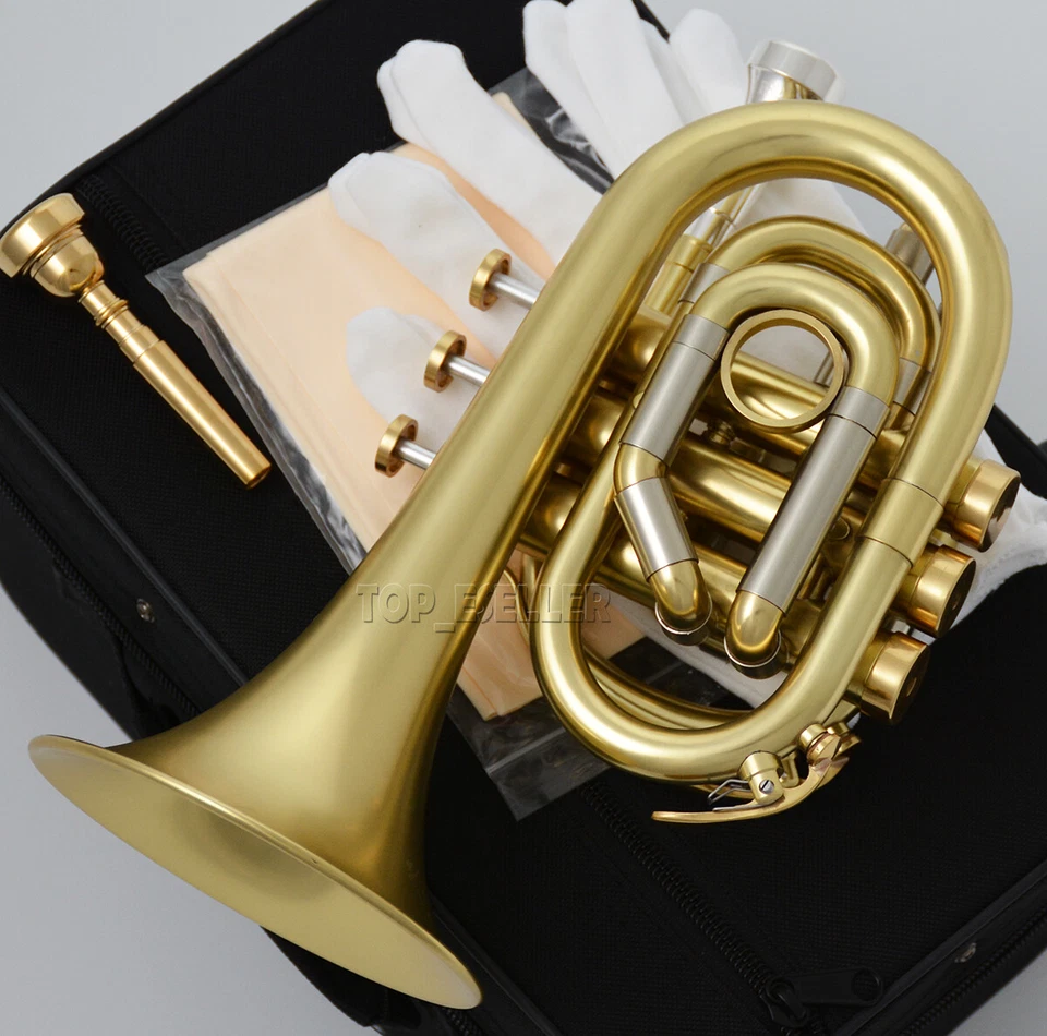 WEIBSTER WTR-360 Matt Gold Pocket Trumpet C Key Monel Valves W/2 Mouthpiece - Image 2 of 2