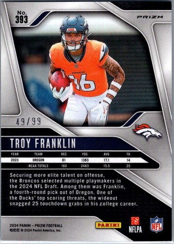 2024 Panini Prizm Rookie Blue Disco Prizm /99 #393 Troy Franklin (RC) Broncos - Foto 2 di 2
