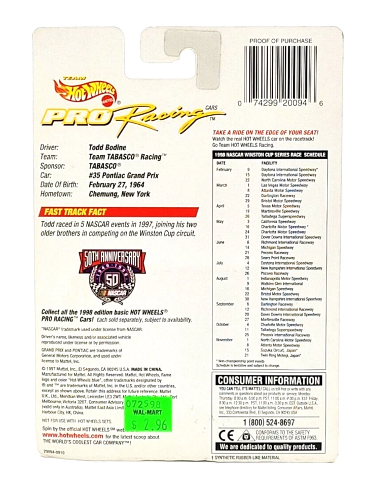 Team Hot Wheels Pro Racing Edición Preview Todd Bodine 1998 1/64 Gran Premio Foto 2 de 2