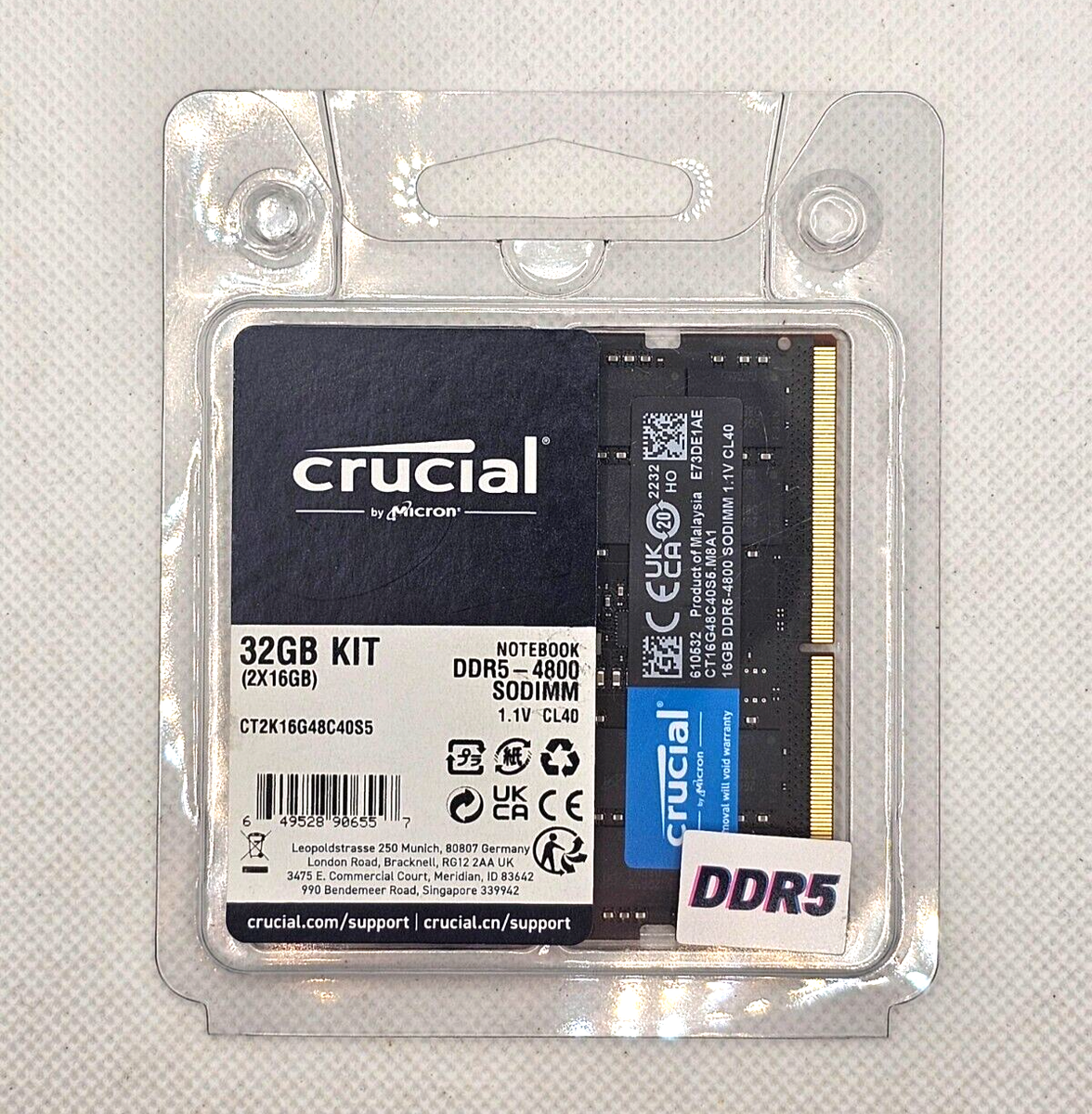 Crucial 32GB Kit 2 x 16GB 262-Pin DDR5 SODIMM 4800 PC5 38400