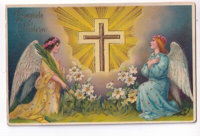 EASTER GREETING 1910: BLESSED EASTER, 2 amazed angels on brightly shining cross