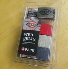 NEW- Dickies 3 Pack Web Belts Adjustable Size Range S-XL Colors Red, Navy  Tan