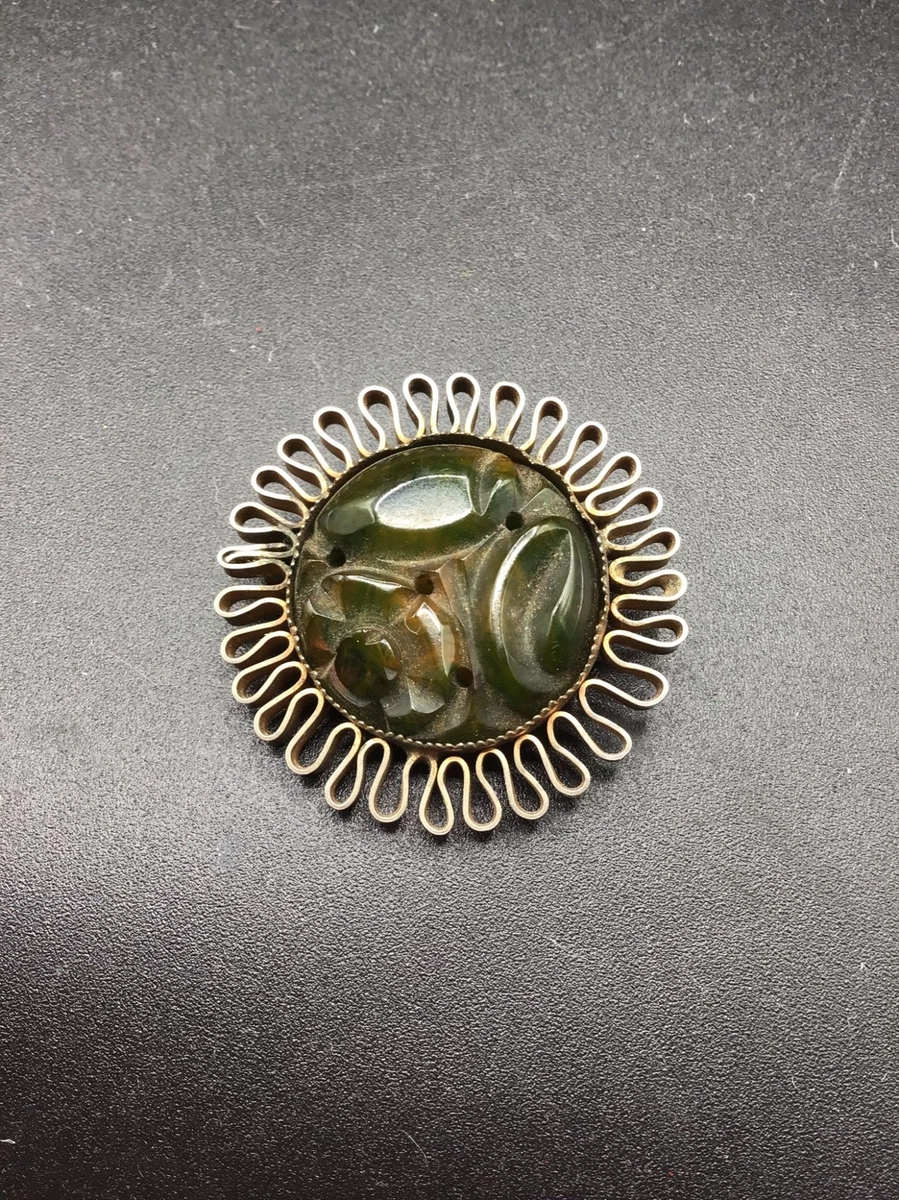 Carved Green Bakelite Brooch with Metal Setting Round Flower Design Vintage Pin
