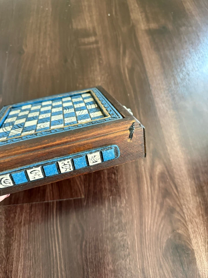 Vintage Mini Mayan Aztec Chess Set Blue & White 8x8 inches Not Complete READ - Image 4 of 4