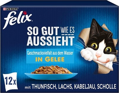 Felix Katzen-Futter nass in Gelee, Fisch Sorten-Mix (6 x 12 Beutel à 85g)