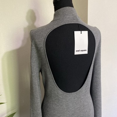 Oval Square Open Back Knit Dress S Bell Sleeve Bodycon Stretch Gray MiniNEW $220