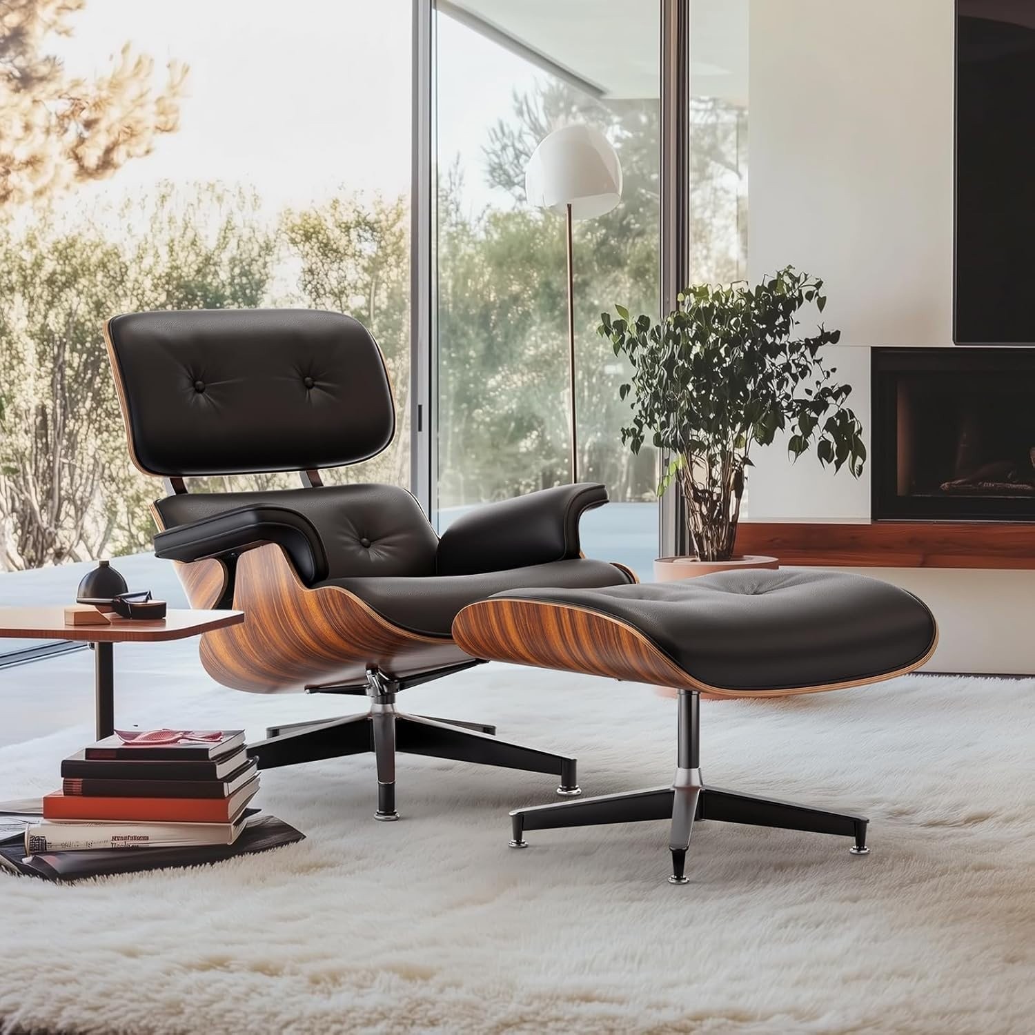 W/ Ottoman Mid Century Modern Wood Base