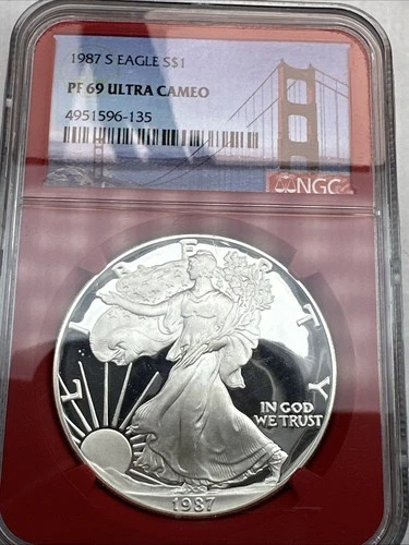 1987 S PROOF SILVER EAGLE NGC PF69 ULTRA CAMEO GOLDEN GATE BRIDGE LABEL RED CORE