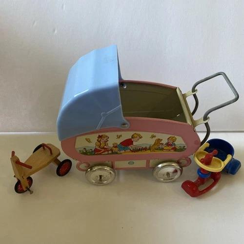 Vintage 1950s OHIO ART Lithograph Tin 7" BABY Doll Buggy Toy Miniature + Others