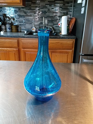Vtg BLENKO WAYNE HUSTED Crackle BLUE DECANTER MCM Modernist Art GLASS no Stopper
