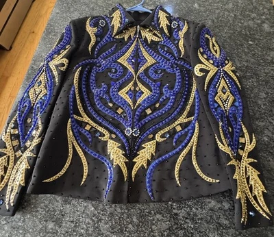 Women’s Black Western Show Shirt Blue & Gold Sequin Rhinestone Embellished - Photo 1/4