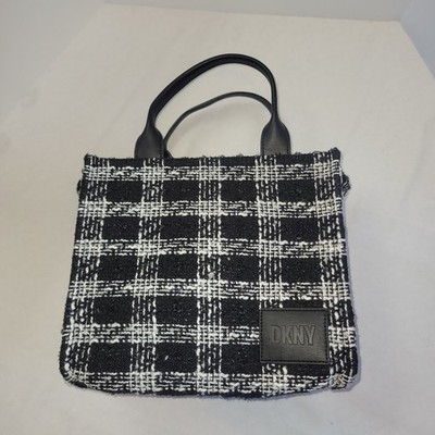 DKNY Hadlee Medium Black White Tweed Tote Bag Checkered Pattern