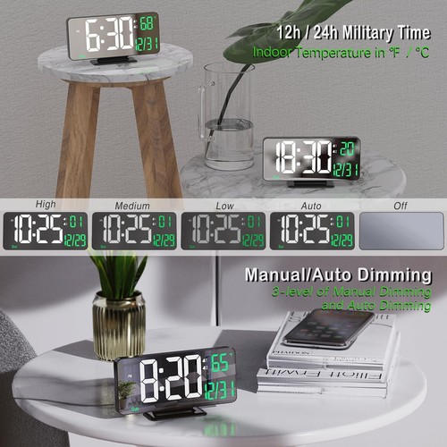 Desk Clock 6.7in Black Digital Alarm Clock with Dual Alarm, Dimming, Date, Da... - Picture 2 of 6