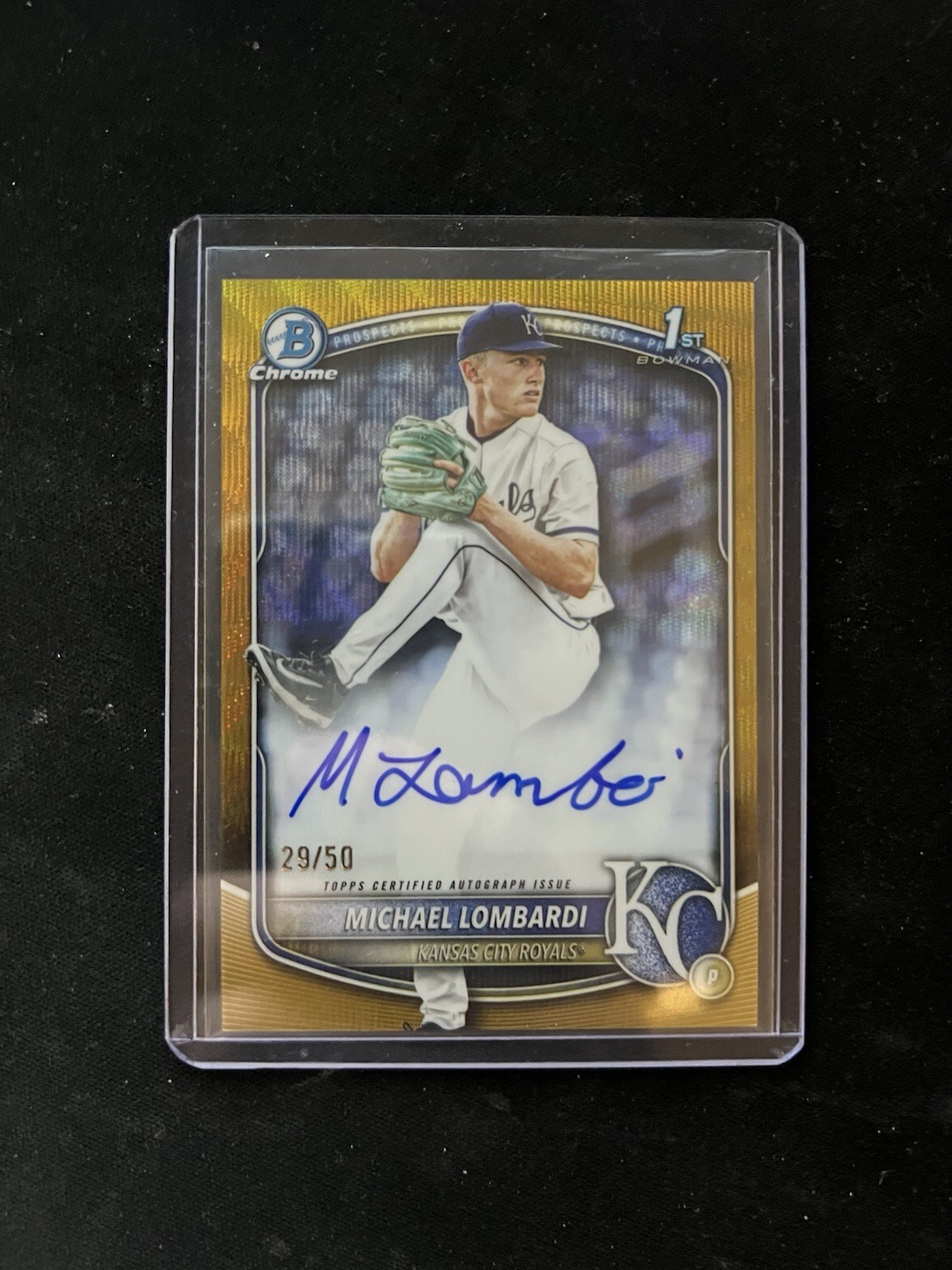 Michael Lombardi 2025 Bowman Draft Chrome Prospect Gold Wave Auto /50 Royals