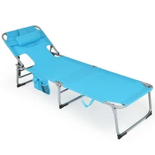 Goplus Outdoor Beach Lounge Chair Folding Chaise Lounge w/Storage Bag Turquoise