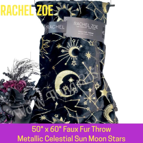 Rachel Zoe Faux Fur Throw Metallic Celestial Sun Moon Stars - Picture 1 of 9