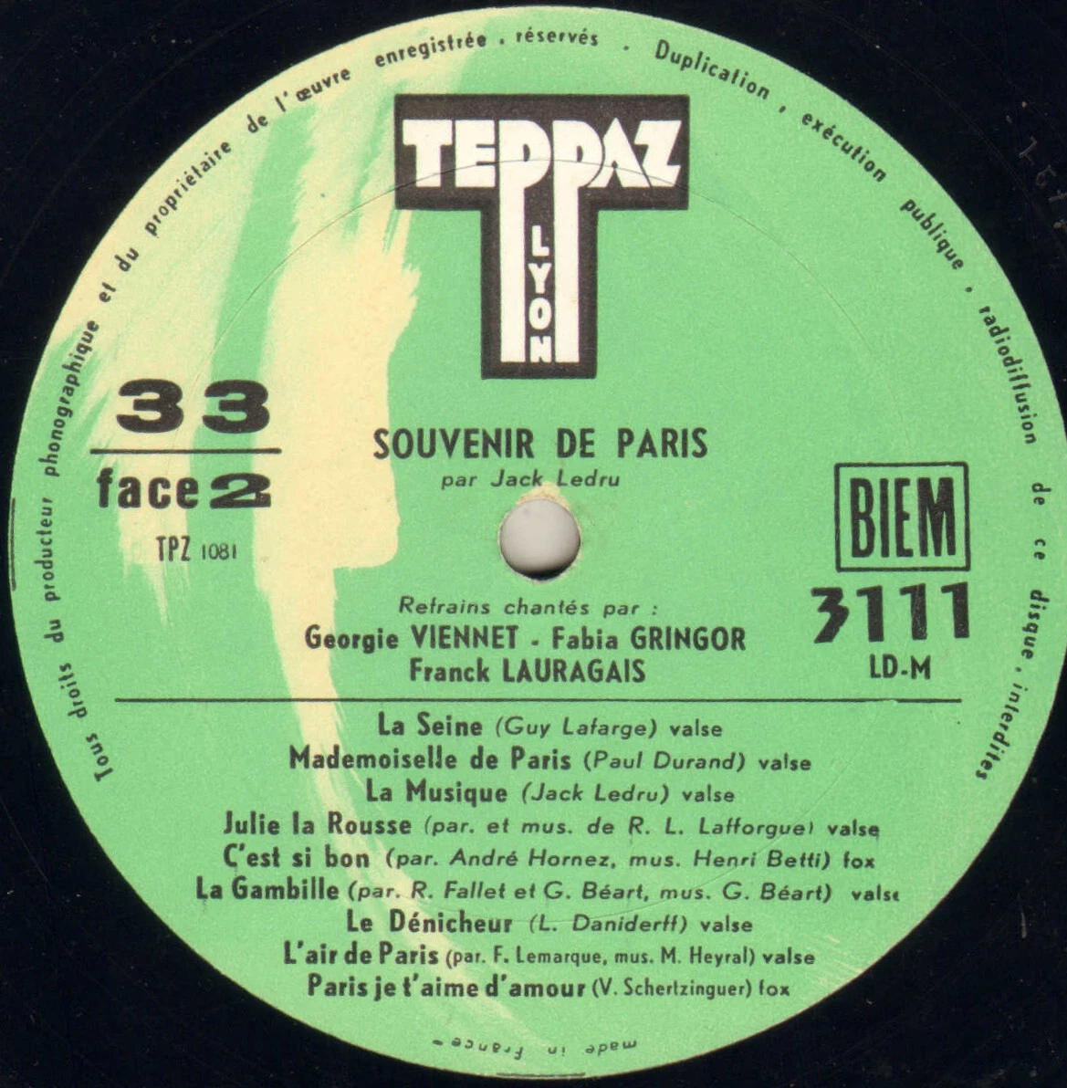 JACK LEDRU "SOUVENIR DE PARIS" LP TEPPAZ 3.111 Fabia Gringor, Georgie Viennet!