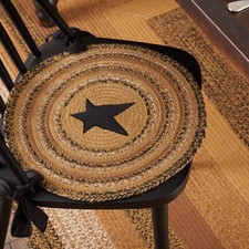 New Primitive Farmhouse BLACK STAR BRAIDED JUTE CHAIR PAD Round Seat Cover
