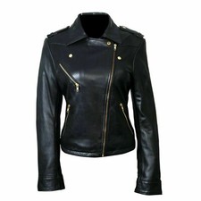 Damen Schwarz Echt Leder Jacke Echt Lammleder Biker Moto Slim Fit Retro Mantel