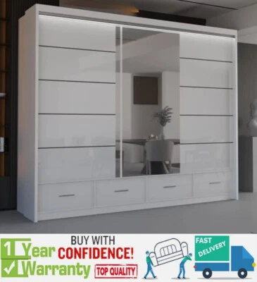 DS STORE SYCYLIA Modern High Gloss Sliding Door Wardrobe with Mirror - 3 Sizes White