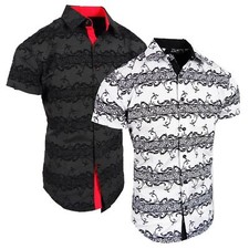 Mens Short Sleeve Shirt Black Velvet Italian Stripe Florals Flip-Cuff Stretch