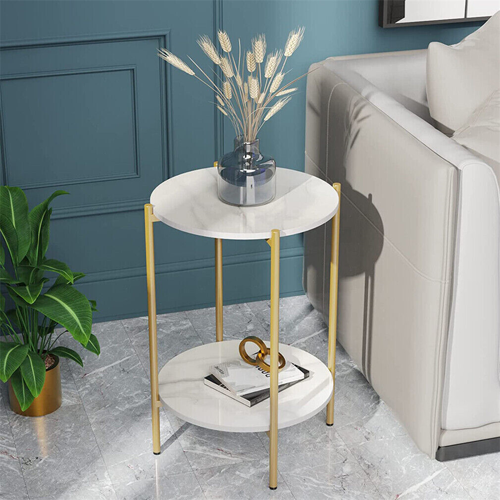 Gold Round Side End Table Bedside Small Coffee Table with Marble