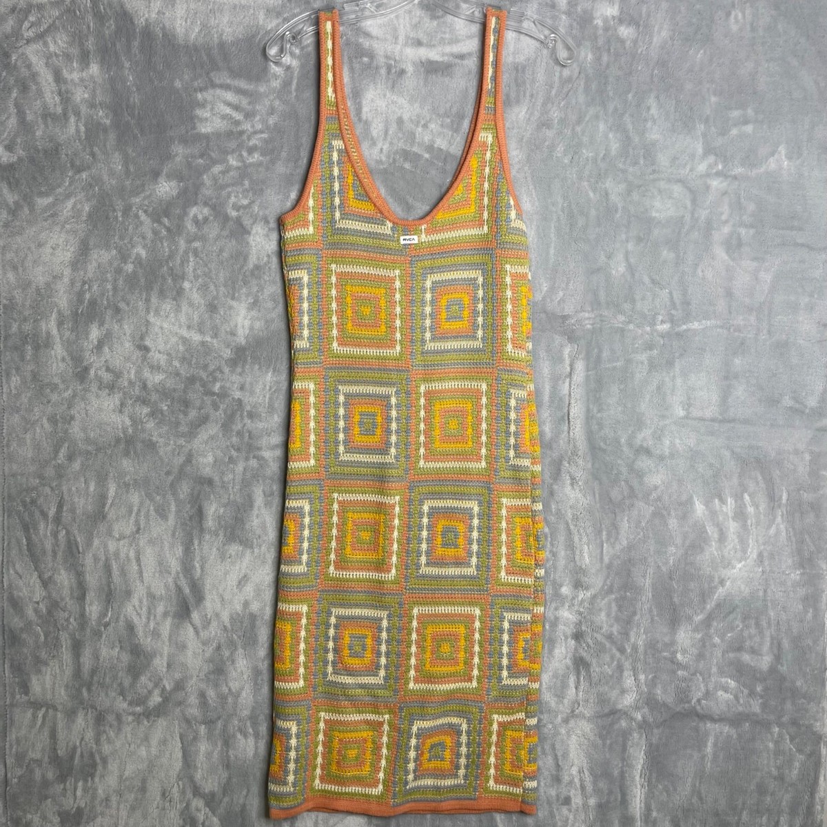rvca squared crochet summer dress in multi print RVCA Squared Crochet Dress Women's S Multi Color Fitted Bodycon Midi Knit