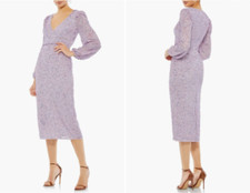 MAC DUGGAL Lavender Sequin Embellished Illusion Puff Sleeve V-Neck Midi Dress 14