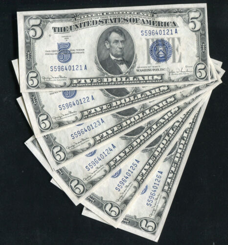 (6) CONSECUTIVE 1934-D $5 FIVE DOLLARS BLUE SEAL SILVER CERTIFICATES GEM UNC - Picture 1 of 2