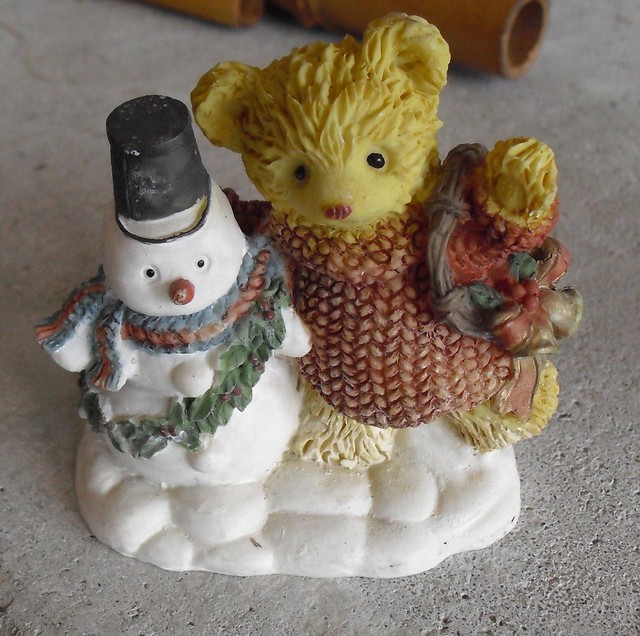 Cool Modern Resin Snowman with Teddy Bear Figurine 2 3/4