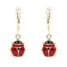 Yellow Gold Enamel Ladybug Dangle Earrings - 14k Good Luck Insects Pierced