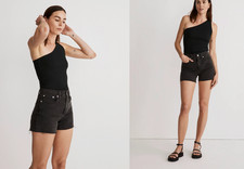 Madewell High-Rise Cut Off Denim Shorts Size 26 Raw Hem Button Pockets Black
