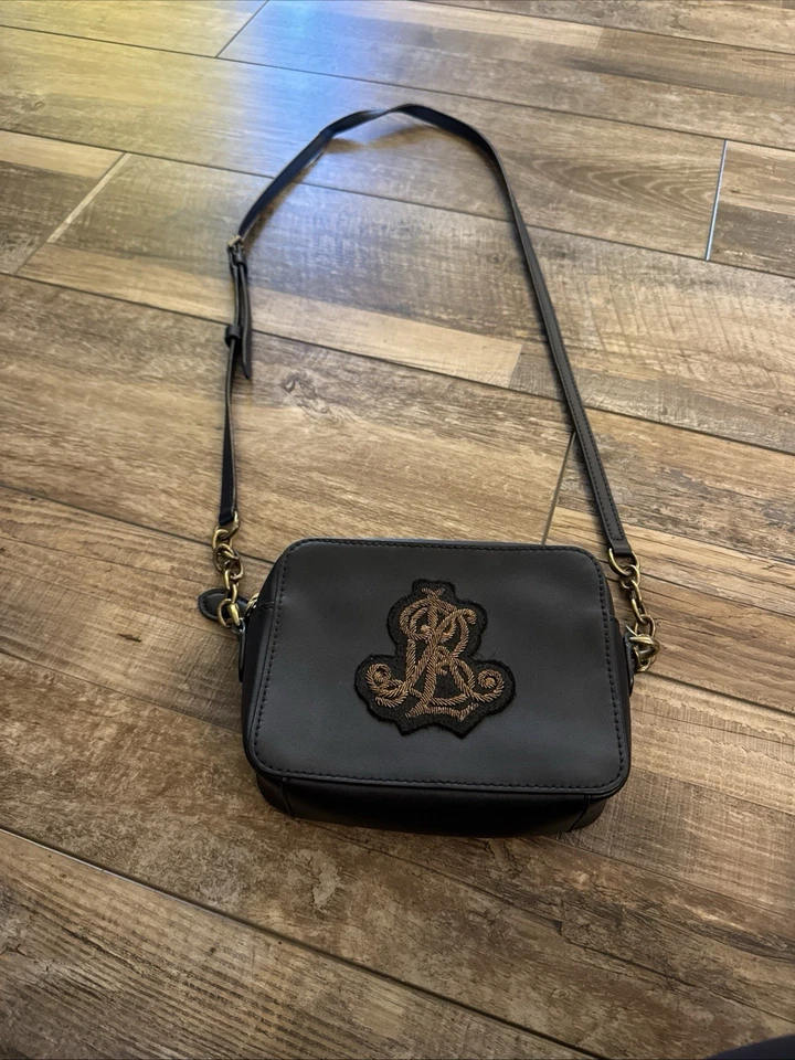 Lauren Ralph Lauren Black Leather Crossbody Bag with Embossed Logo And Chain - Image 2 of 4