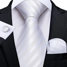 Striped Fashion Mens Tie White Necktie Handkerchief Cufflinks Set Wedding Formal