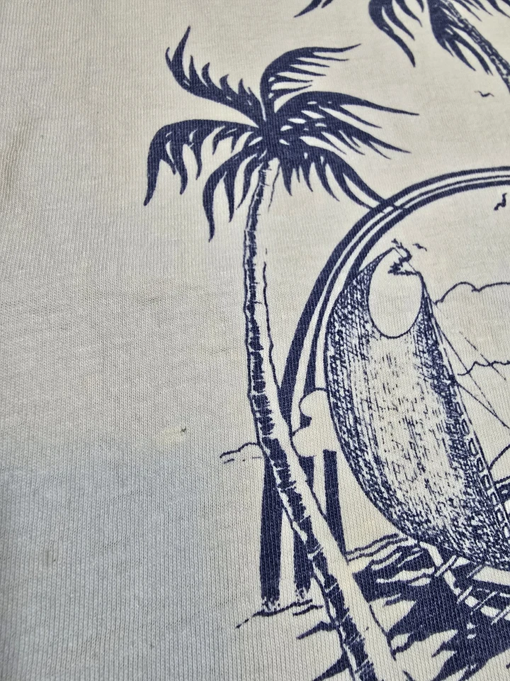 Vintage 70s Hawaii Souvenir Graphic T-Shirt Light Blue Size Small Beach Sailboat - Image 3 of 4