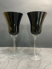 2 VTG RETIRED Circleware GLOSSY Black Diamond Blown Crystal Wine Goblets Glasses