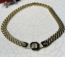 Beautiful Vintage  Trifari Black enamel Crystal Omega gold tone Necklace! Runway