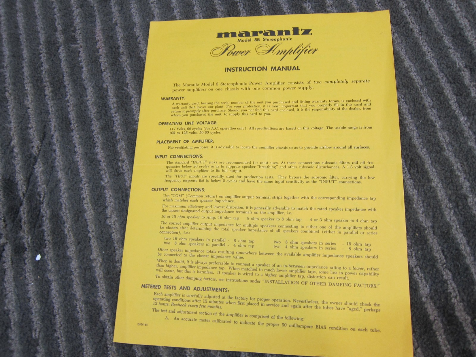 Vintage Marantz 8B Instruction Manual, Schematic, 4 Pages, 1960s, USA