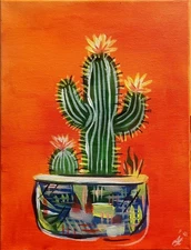 Original Cactus Art 14x11 Canvas Abstract Expressionism Wall Decor Painting