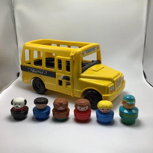 Vintage Fisher Price Little People School Bus w/ 6 Chunky Little People