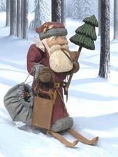 Vintage Hand Carved Wooden Folk Art Santa Figurine Signed Old World Santa Skiing