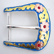 Western Belt Buckle Fancy Cowgirl Blue Gold Red Rhinestone Floral Scroll Vintage