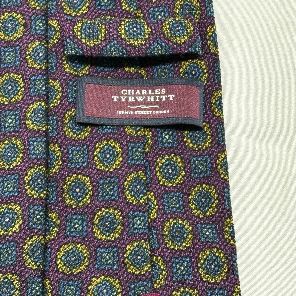 Charles Tyrwhitt Tie 100% Wool Made in Italy Geometric Floral Purple Blue Yellow - Image 3 of 4