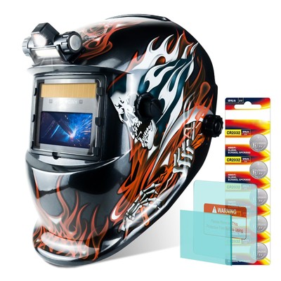 Welding Helmet for MIG/TIG/ARC, Wide Shade 9-13 & 2 Arc Sensors, Flaming Skull