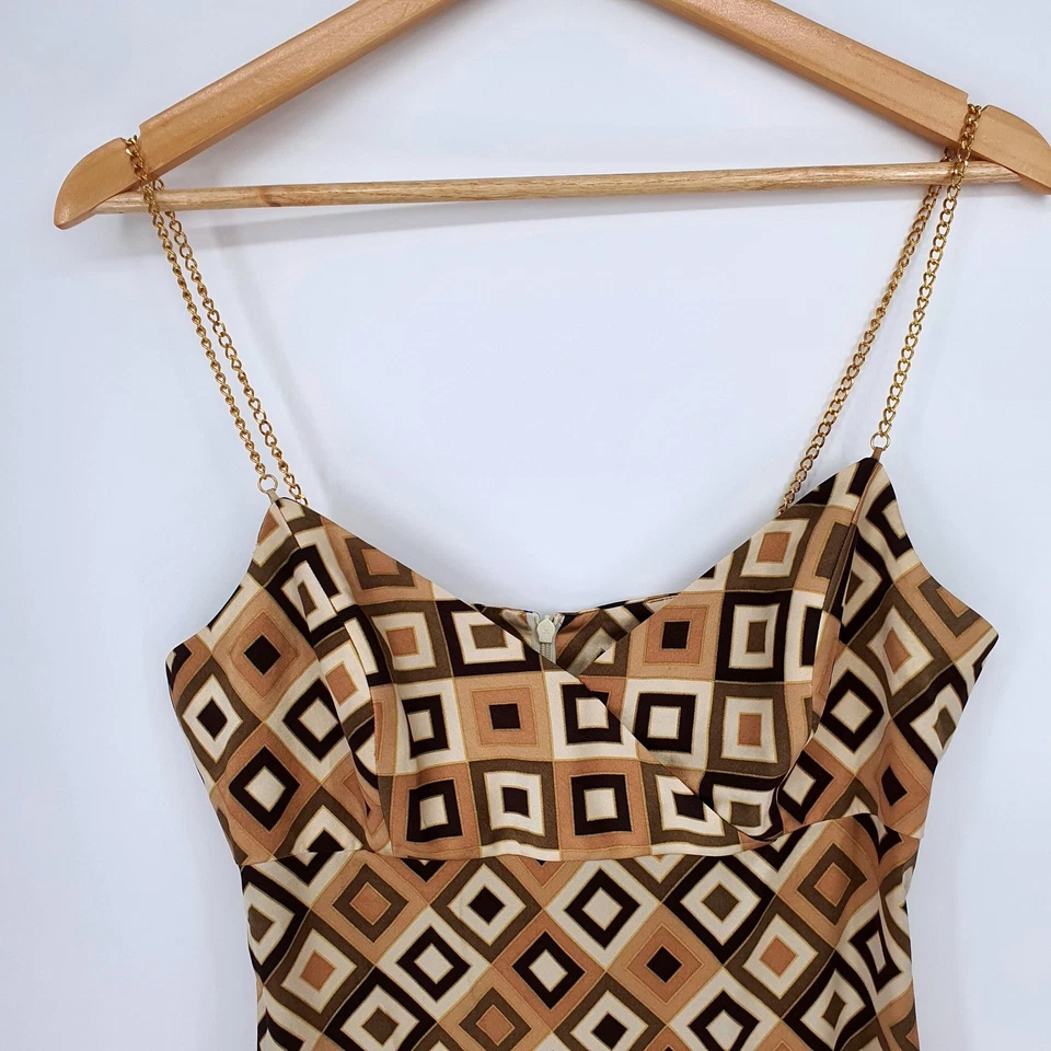 Vestido Shoshanna Seda Geométrico Marrón Dorado Cadena Correa Mini Y2K Años 90 Talla 8 Retro Foto 3 de 4